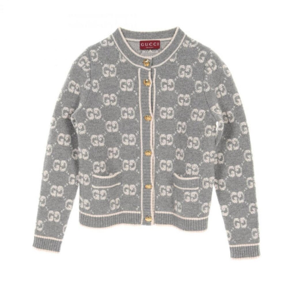 Gucci 2024 GG wool monogram bouclé jacquard cardigan in Grey and Ivory size L